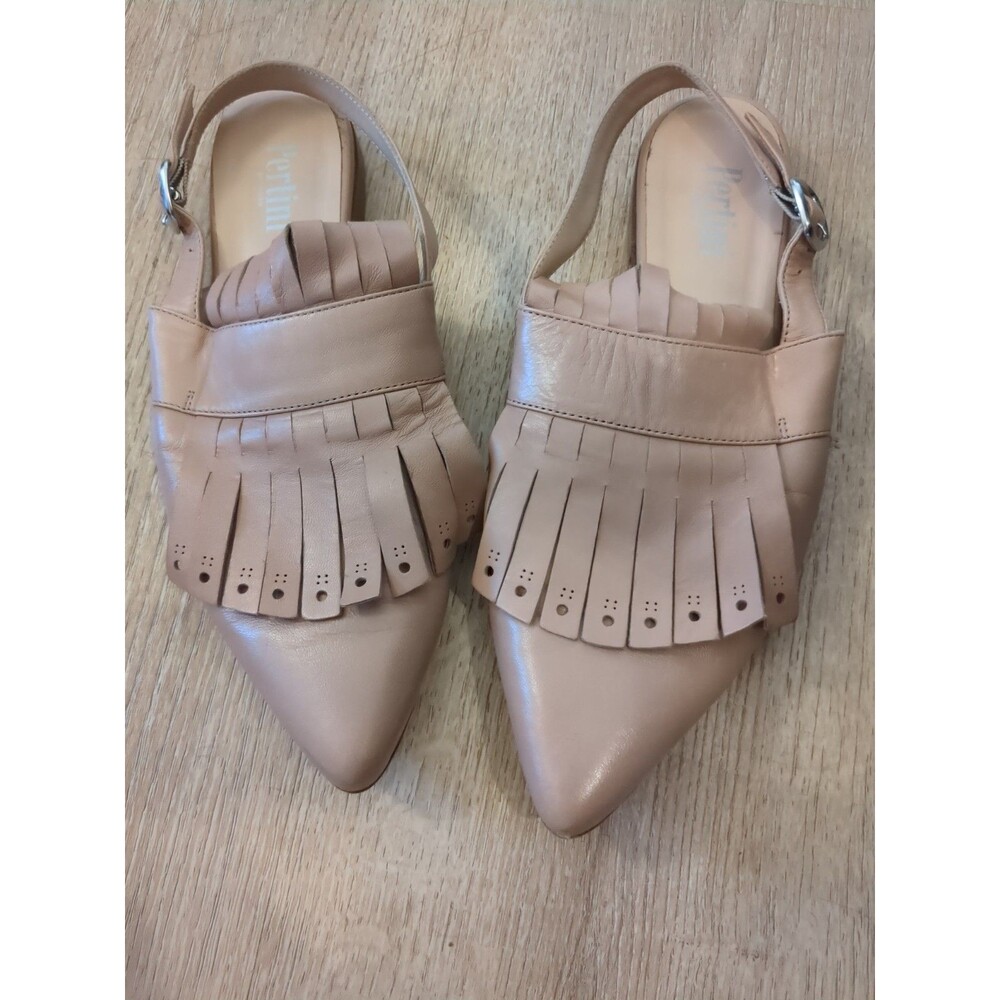 PERTINI Women's Fringe Mule with Strap Nude Tan  sz 40 (9) Spain Leather